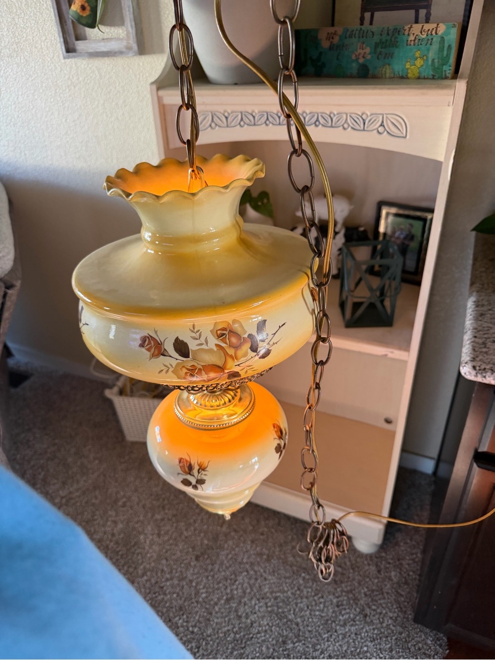 Vintage Floral Glass Hanging Lamp - Yellow Orange - Picture 6 of 6